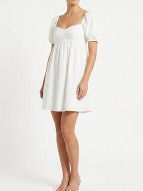 Bècool White Puff Sleeve Babydoll Cottagecore Mini Dress Cotton L